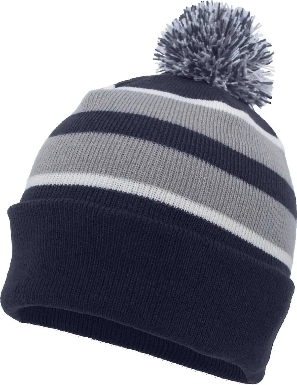 Pacific Headwear 641K Pom Pom Cuff Beanie Navy Silver White Navy Light Gray / 7’’ 7 7/8’’