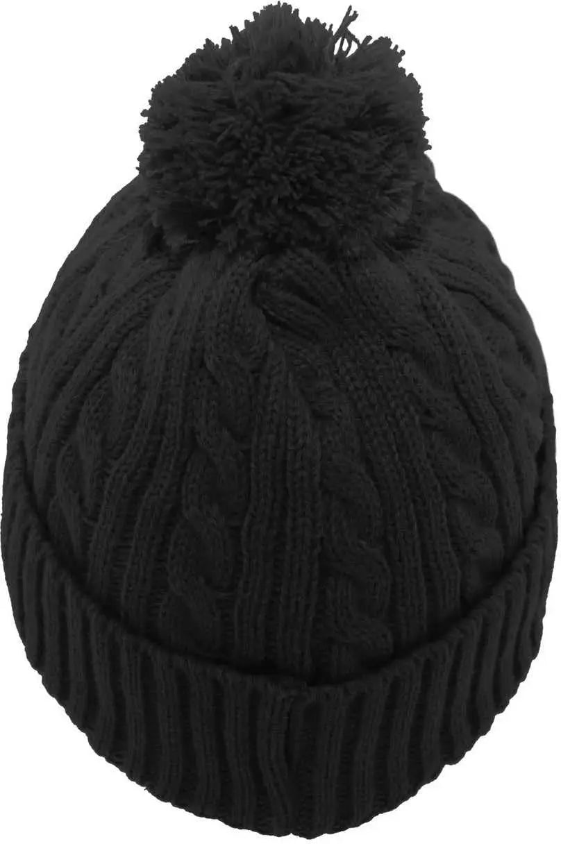 Pacific Headwear 643K Cable Knit Pom-Pom Beanie - Black - Black / 7’’ - 7 7/8’’