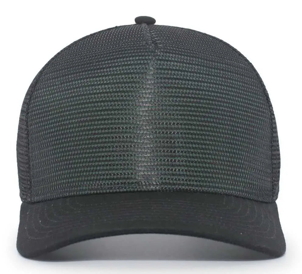 Pacific Headwear 724 Mesh Overlay 5-Panel Trucker Snapback Cap - Black Dark Green - Black Forest / 7’’ - 7 7/8’’