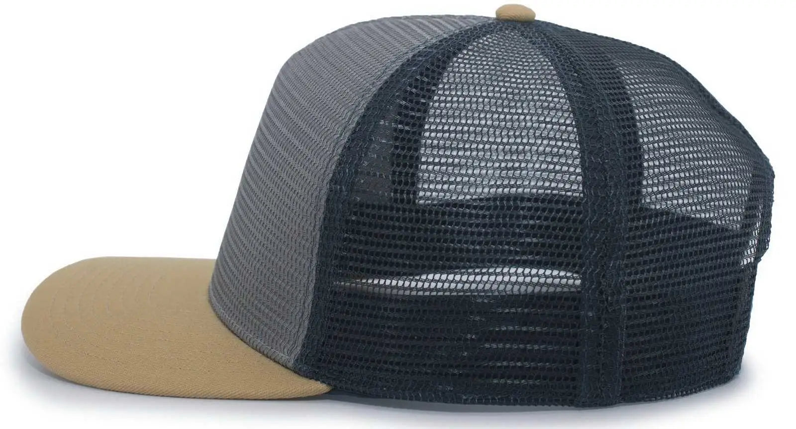 Pacific Headwear 724 Mesh Overlay 5-Panel Trucker Snapback Cap - Gold Gray Slate Blue - Gold Dark Gray / 7’’ - 7 7/8’’