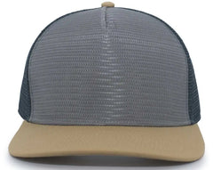 Pacific Headwear 724 Mesh Overlay 5-Panel Trucker Snapback Cap - Gold Gray Slate Blue - Gold Dark Gray / 7’’ - 7 7/8’’