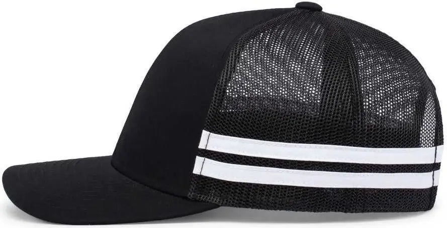 Pacific Headwear P115 Low-Profile Stripe Trucker Cap - Black White - Black White / 7’’ - 7 7/8’’