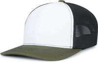 Pacific Headwear P151S Contrast Stitch Trucker Pacflex Snapback Cap White Light Charcoal Moss White Olive / 7’’ 7 7/8’’