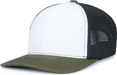 Pacific Headwear P151S Contrast Stitch Trucker Pacflex Snapback Cap White Light Charcoal Moss White Olive / 7’’ 7 7/8’’