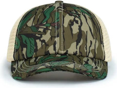 Pacific Headwear P640 Vintage Mossy Oak Trucker Cap Greenleaf Tan Greenleaf Mossy Oak Ivory / 7’’ 7 7/8’’