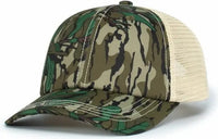 Pacific Headwear P640 Vintage Mossy Oak Trucker Cap Greenleaf Tan Greenleaf Mossy Oak Ivory / 7’’ 7 7/8’’