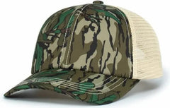 Pacific Headwear P640 Vintage Mossy Oak Trucker Cap Greenleaf Tan Greenleaf Mossy Oak Ivory / 7’’ 7 7/8’’