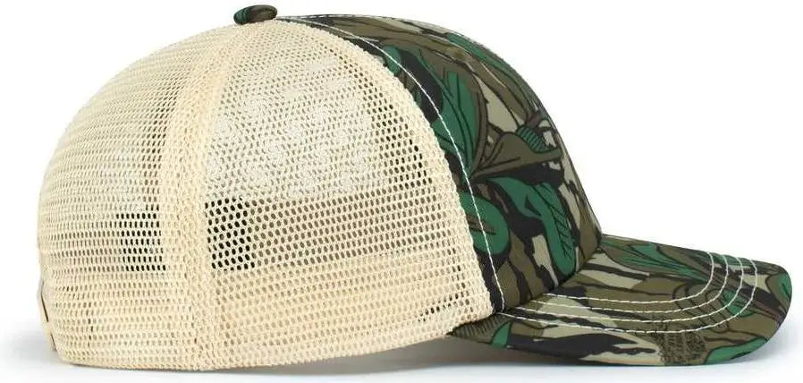 Pacific Headwear P640 Vintage Mossy Oak Trucker Cap - Greenleaf Tan Greenleaf - Mossy Oak Ivory / 7’’ - 7 7/8’’