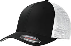 Port Authority C812 Flexfit Mesh Back Cap - Black White - Black White / 7’’ - 7 3/8’’
