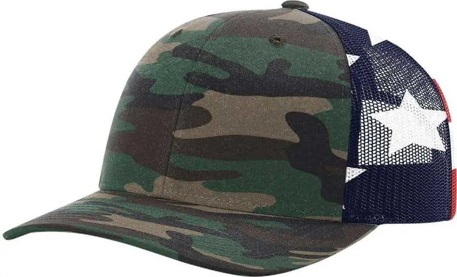 Richardson 112PM Printed Mesh-Back Trucker Caps - Green Camo Stars & Stripes - Multi-Colored / OSFM