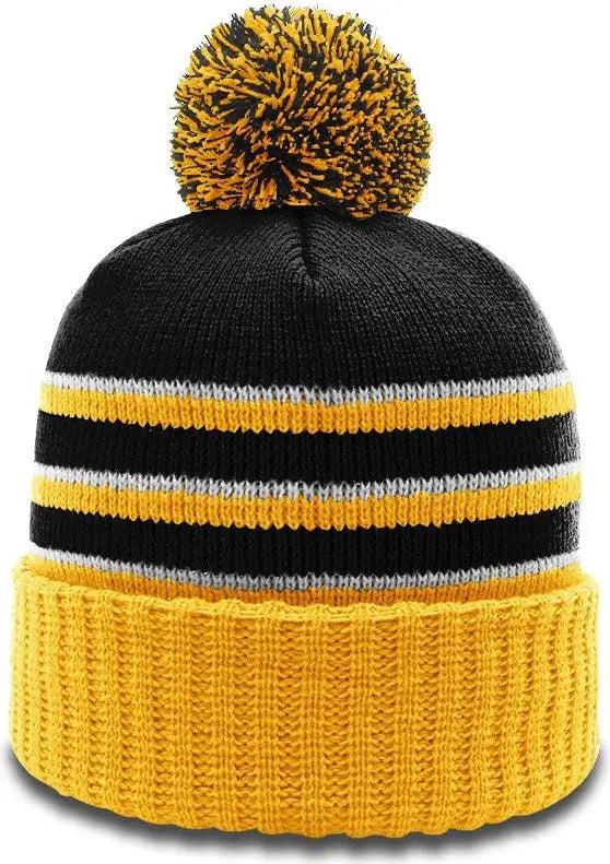 Richardson 134 Sriped Beanie with Cuff & Pom - Black Gold White - Black Gold / OSFM