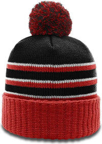 Richardson 134 Sriped Beanie with Cuff & Pom - Black Red White - Black Red White / OSFM