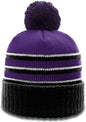 Richardson 134 Sriped Beanie with Cuff & Pom - Purple Black White - Purple Black White / OSFM