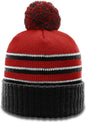 Richardson 134 Sriped Beanie with Cuff & Pom - Red Black White - Red Black White / OSFM