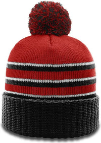 Richardson 134 Sriped Beanie with Cuff & Pom - Red Black White - Red Black White / OSFM