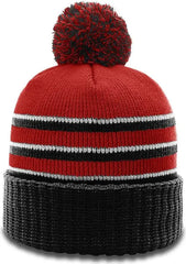 Richardson 134 Sriped Beanie with Cuff & Pom - Red Black White - Red Black White / OSFM