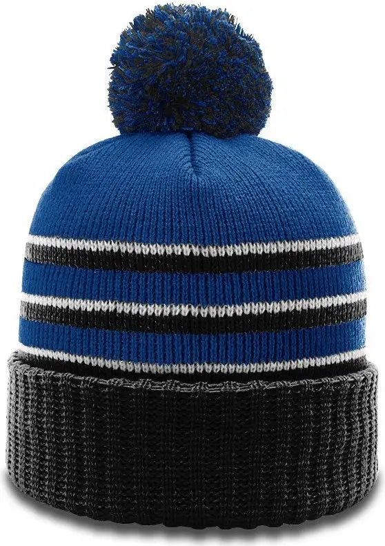 Richardson 134 Sriped Beanie with Cuff & Pom - Royal Black White - Royal Black White / OSFM