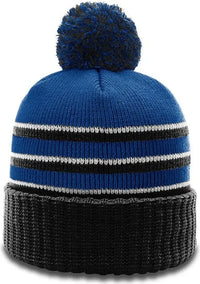 Richardson 134 Sriped Beanie with Cuff & Pom - Royal Black White - Royal Black White / OSFM