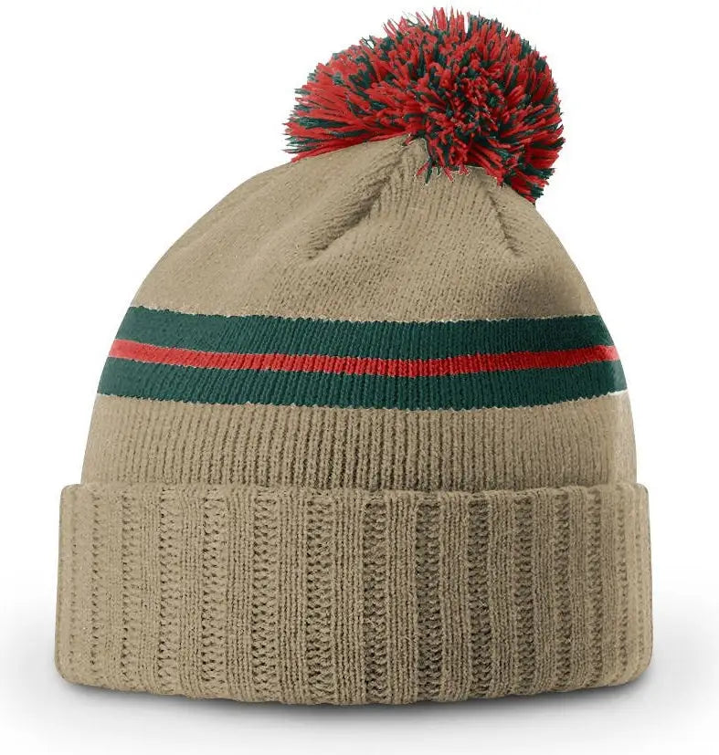 Richardson 135 Short Pom Beanie - Tan-Dark Green-Deep Red - Tan Forest / OSFM