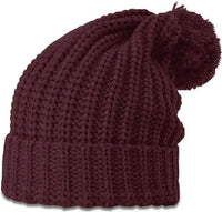Richardson 143 Chunk Cable Beanie with Cuff & Pom - Burgundy - Burgundy / OSFM