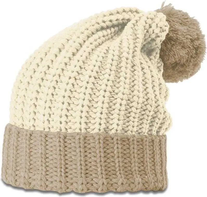 Richardson 143R Chunk Cable Beanies with Cuff and Pom Cream Mocha Ivory Tan / OSFM