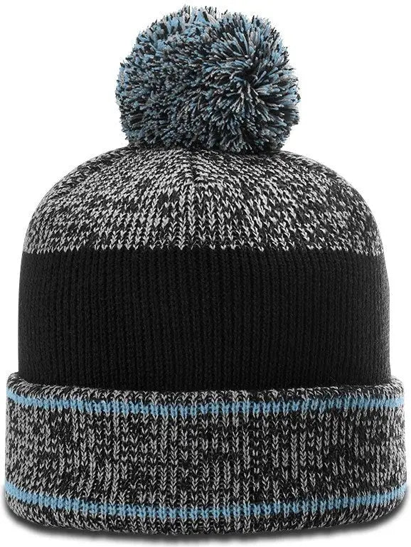 Richardson 148 Heather Beanie with Cuff & Pom - Gray Columbia Blue Black - Columbia Blue / OSFM