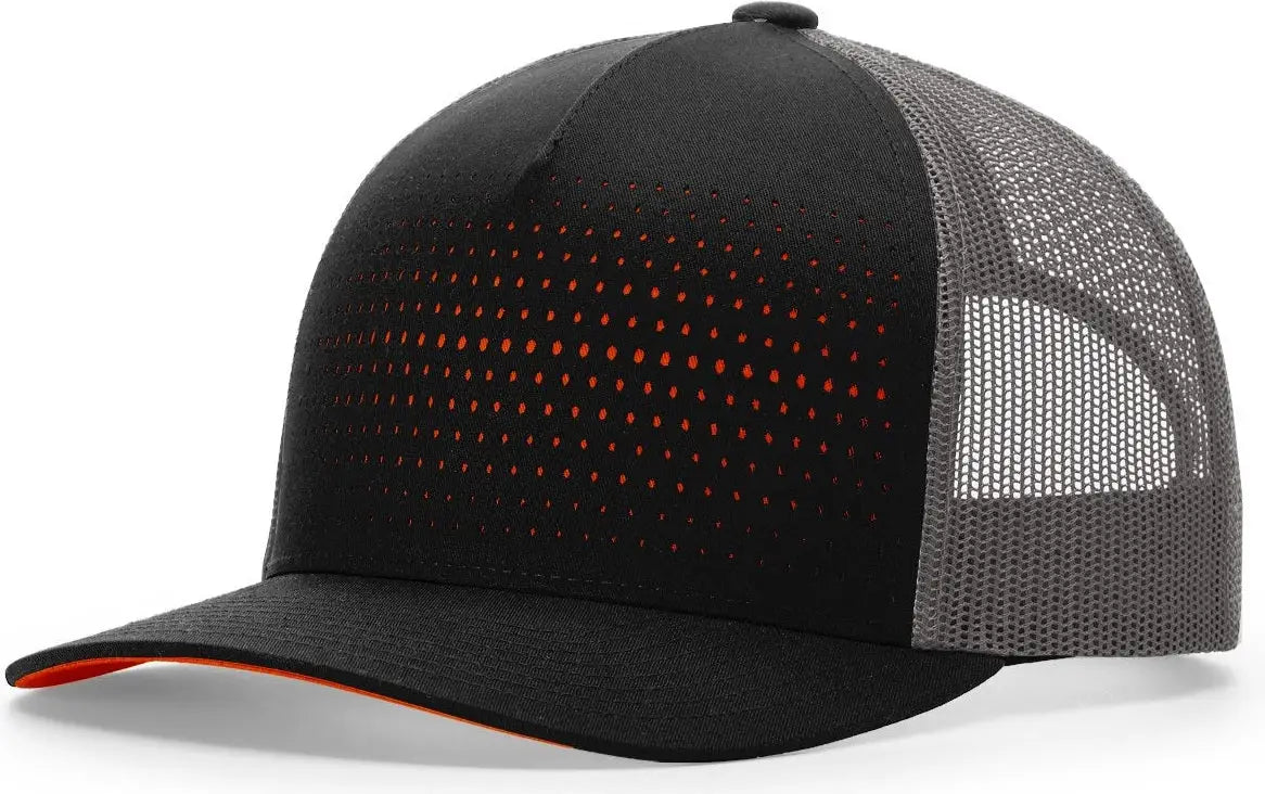 Richardson 163 Laser Cut Five Panel Trucker Cap - Black Charcoal Orange - Black Orange / OSFM