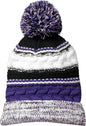 Sport-Tek STC21 Pom Pom Team Beanie - Purple Black White - Purple Black / One Size Fits Most