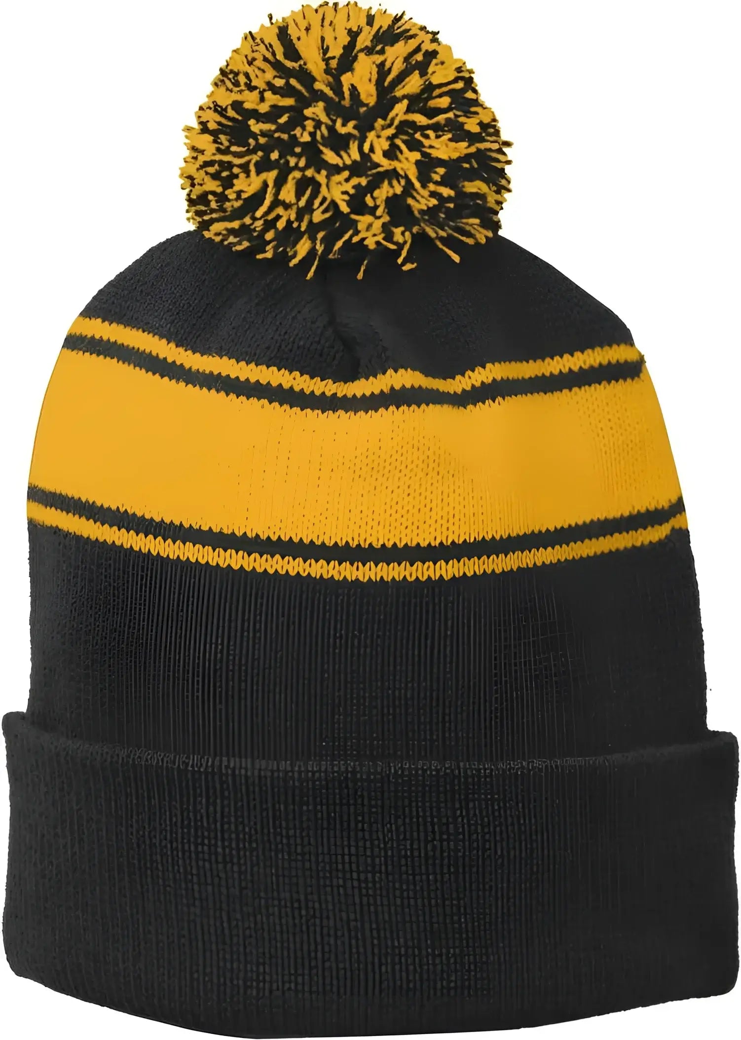 Sport-Tek STC28 Stripe Pom Pom Beanie - Black Gold - Black Gold / One Size Fits Most