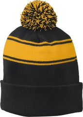 Sport-Tek STC28 Stripe Pom Pom Beanie - Black Gold - Black Gold / One Size Fits Most
