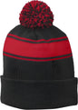 Sport-Tek STC28 Stripe Pom Pom Beanie - Black True Red - Black Red / One Size Fits Most