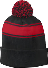 Sport-Tek STC28 Stripe Pom Pom Beanie - Black True Red - Black Red / One Size Fits Most