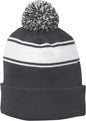 Sport-Tek STC28 Stripe Pom Pom Beanie - Iron Gray White - Dark Gray White / One Size Fits Most