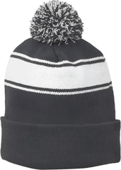 Sport-Tek STC28 Stripe Pom Pom Beanie - Iron Gray White - Dark Gray White / One Size Fits Most