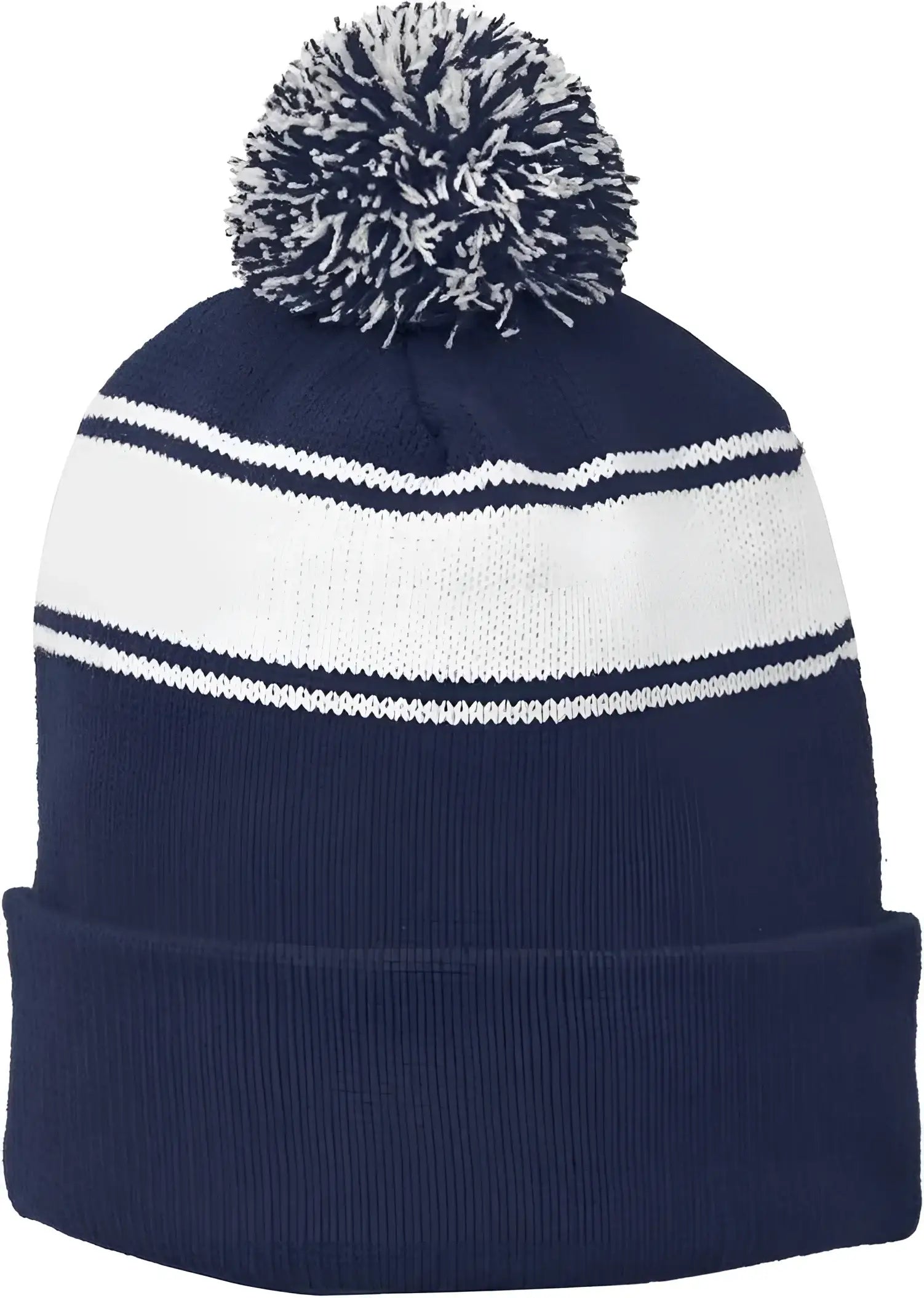 Sport-Tek STC28 Stripe Pom Pom Beanie - True Navy White - Navy White / One Size Fits Most