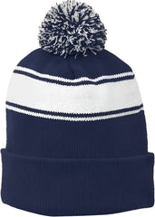 Sport-Tek STC28 Stripe Pom Pom Beanie - True Navy White - Navy White / One Size Fits Most
