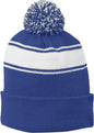 Sport-Tek STC28 Stripe Pom Pom Beanie - True Royal White - Royal White / One Size Fits Most