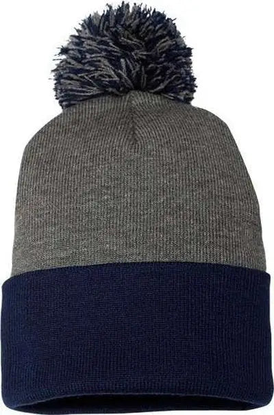 Sportsman SP15 Pom-Pom 12’’ Knit Beanie - Dark Heather Grey Navy - Dark Gray Navy / One Size Fits Most