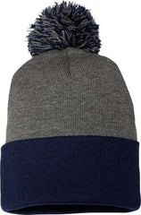 Sportsman SP15 Pom-Pom 12’’ Knit Beanie - Dark Heather Grey Navy - Dark Gray Navy / One Size Fits Most