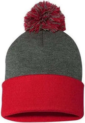 Sportsman SP15 Pom-Pom 12’’ Knit Beanie - Dark Heather Grey Red - Dark Gray Red / One Size Fits Most