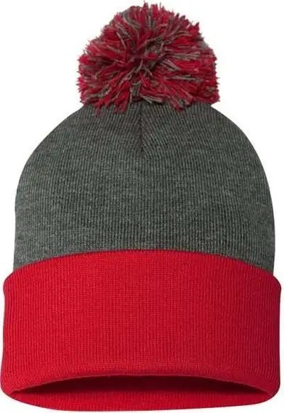 Sportsman SP15 Pom-Pom 12’’ Knit Beanie - Dark Heather Grey Red - Dark Gray Red / One Size Fits Most