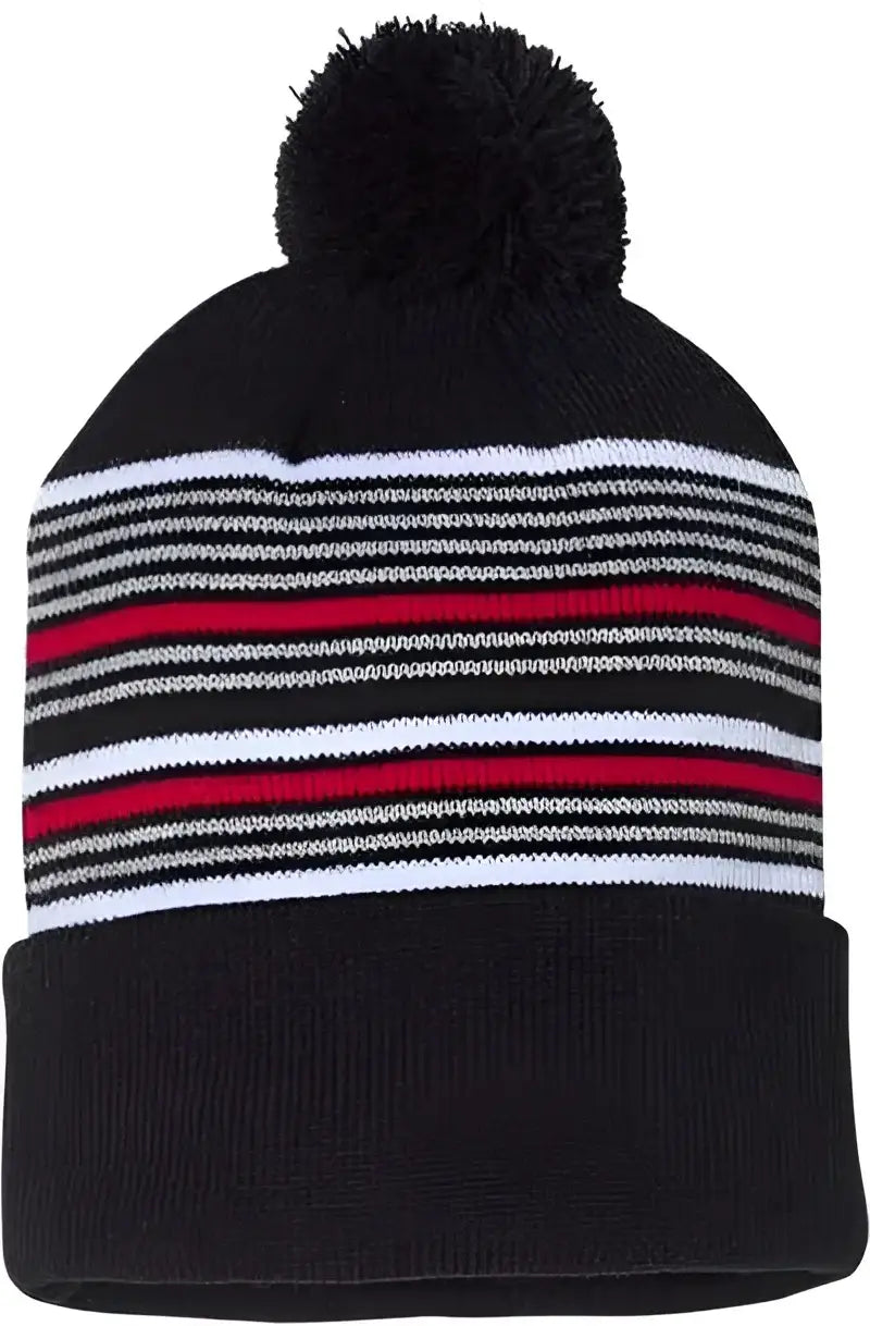 Sportsman SP60 12’’ Striped Pom Pom Knit Beanie Black White Grey Red Black Red / One Size Fits Most