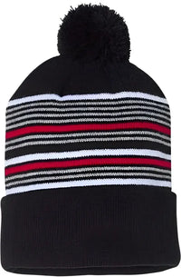 Sportsman SP60 12’’ Striped Pom-Pom Knit Beanie - Black White Grey Red - Black Red / One Size Fits Most