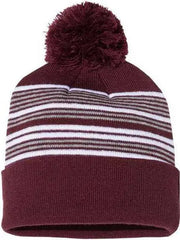 Sportsman SP60 12’’ Striped Pom Pom Knit Beanie Maroon White Grey Maroon White / One Size Fits Most