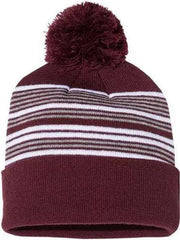Sportsman SP60 12’’ Striped Pom Pom Knit Beanie Maroon White Grey Maroon White / One Size Fits Most