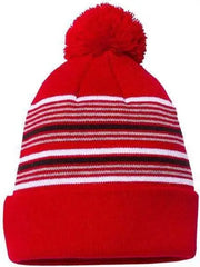 Sportsman SP60 12’’ Striped Pom-Pom Knit Beanie - Red White Grey Black - Red Black / One Size Fits Most