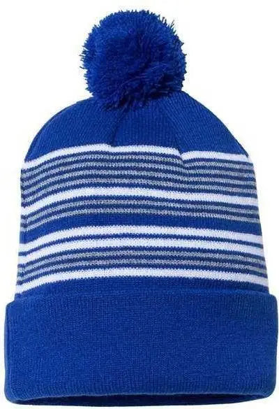 Sportsman SP60 12’’ Striped Pom-Pom Knit Beanie - Royal White Grey - Royal White Gray / One Size Fits Most